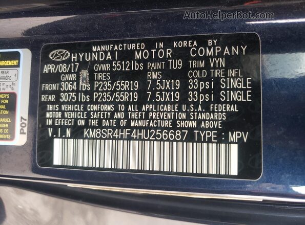KM8SR4HF4HU256687 2017 HYUNDAI SANTA FE Blue 