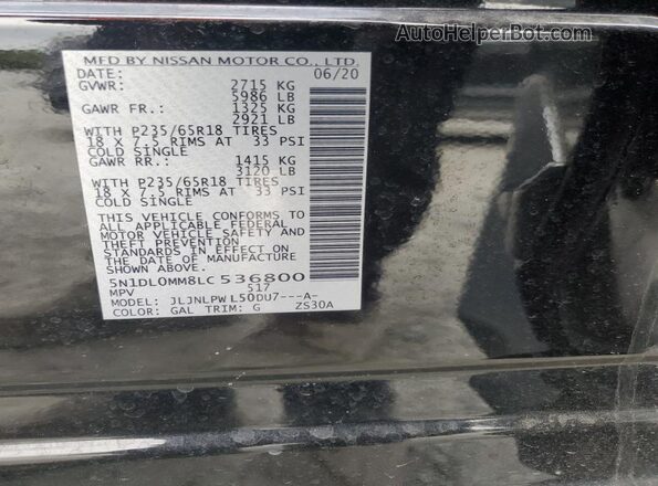 5N1DL0MM8LC536800 2020 INFINITI QX60 Black Панорамний вид салону 360°