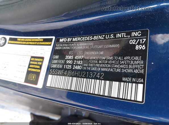 55SWF4JB6HU213742 2017 MERCEDES-BENZ C-CLASS Blue ძრავის განყოფილების ხედი