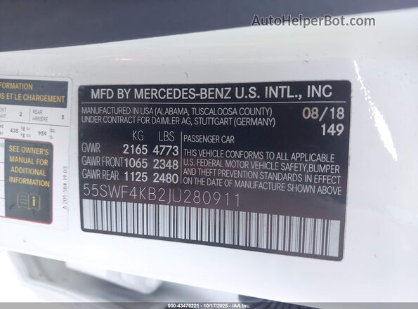 55SWF4KB2JU280911 2018 MERCEDES-BENZ C-CLASS White 