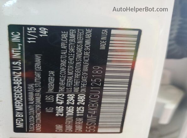 55SWF4KBXGU125189 2016 MERCEDES-BENZ C White Vista del compartimento del motor