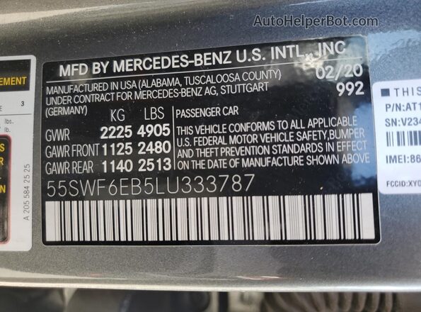 55SWF6EB5LU333787 2020 MERCEDES-BENZ C Gray Widok naklejki z numerem VIN