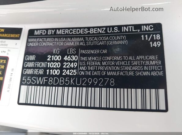 55SWF8DB5KU299278 2019 MERCEDES-BENZ C-CLASS White Engine compartment view