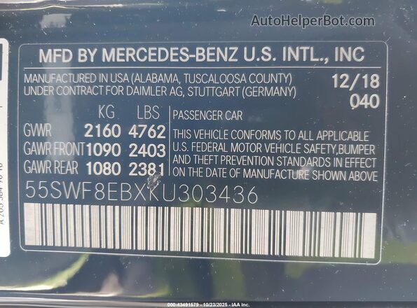 55SWF8EBXKU303436 2019 MERCEDES-BENZ C-CLASS Черный Вид подкапотного пространства