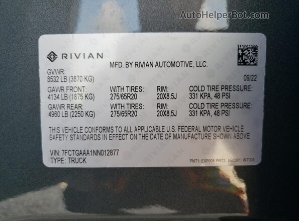 7FCTGAAA1NN012877 2022 RIVIAN R1T Gray Вид підкапотного простору
