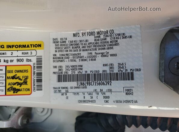 1LN6L9BC7J5606392 2018 LINCOLN CONTINENTA White Вид наклейки з VIN-кодом