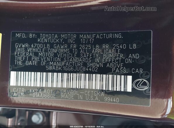 58ABK1GG6JU084402 2018 LEXUS ES 350 Brown Widok komory silnika