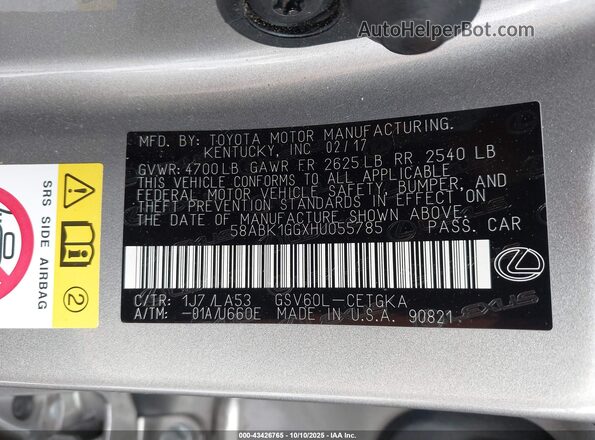58ABK1GGXHU055785 2017 LEXUS ES 350 Silver 