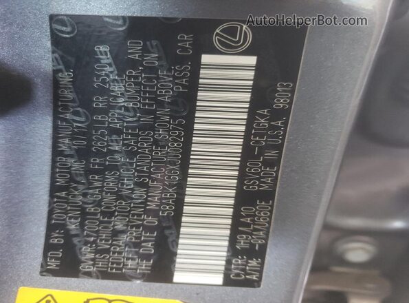 58ABK1GGXJU082975 2018 LEXUS ES Gray 