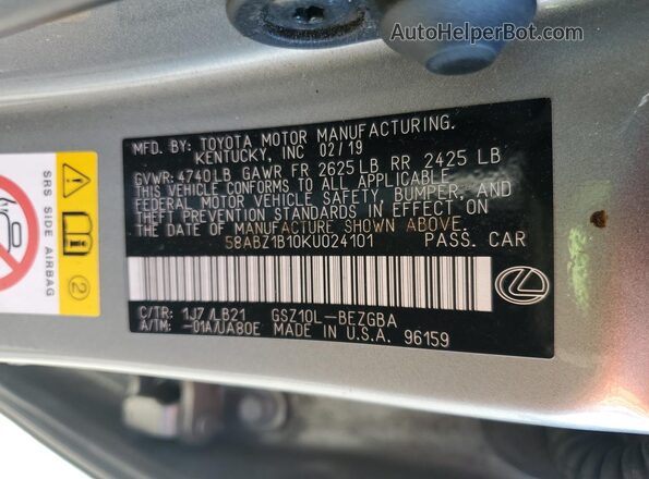 58ABZ1B10KU024101 2019 LEXUS ES Gray VIN sticker view