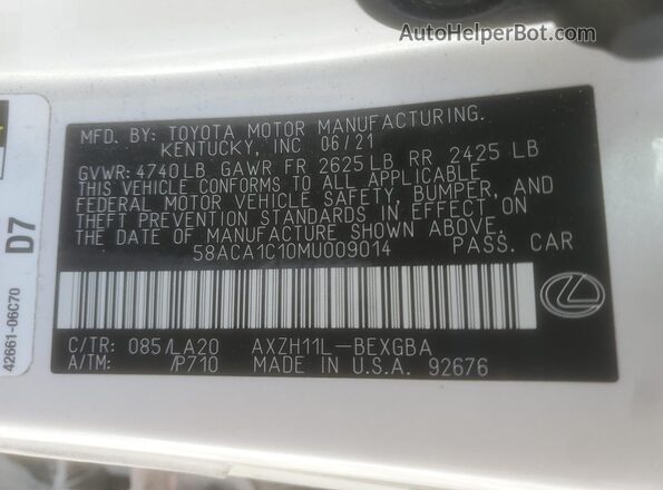 58ACA1C10MU009014 2021 LEXUS ES White Вид підкапотного простору