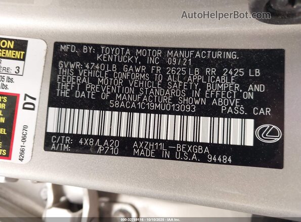 58ACA1C19MU013093 2021 LEXUS ES 300H Champagne ძრავის განყოფილების ხედი