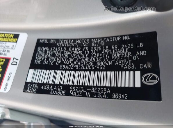 58ACZ1B12LU051452 2020 LEXUS ES 350 Gold ძრავის განყოფილების ხედი
