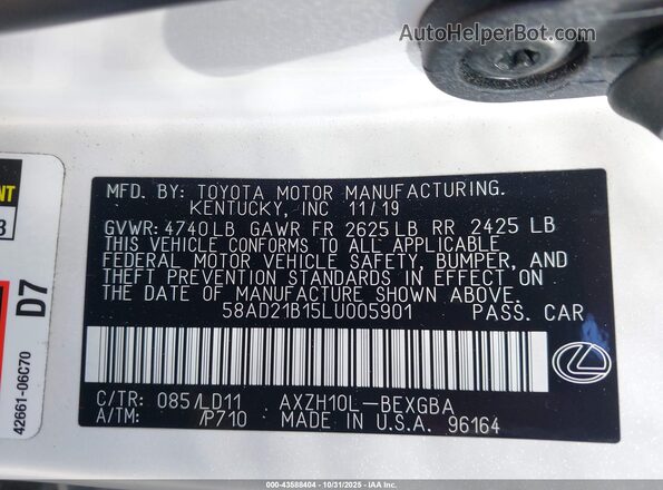 58AD21B15LU005901 2020 LEXUS ES 300H White Вид підкапотного простору