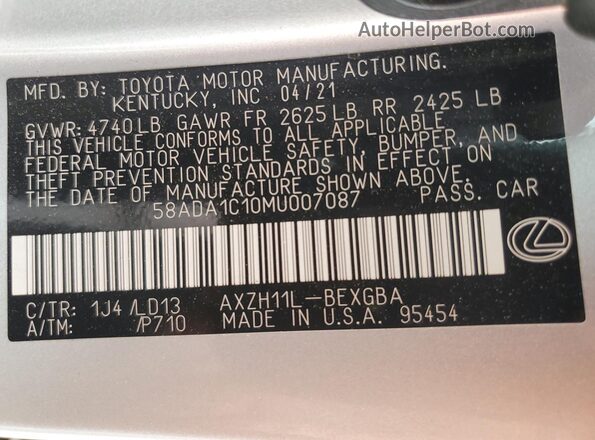 58ADA1C10MU007087 2021 LEXUS ES Silver Vista del compartimento del motor