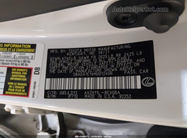58ADA1C14MU012406 2021 LEXUS ES 300H White Շարժիչի բաժամունքի տեսք