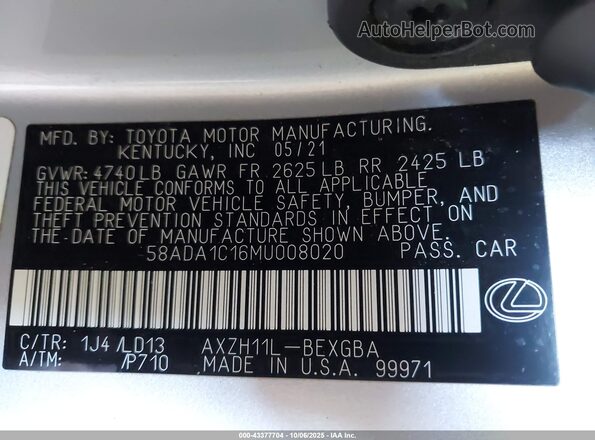 58ADA1C16MU008020 2021 LEXUS ES 300H Silver ძრავის განყოფილების ხედი