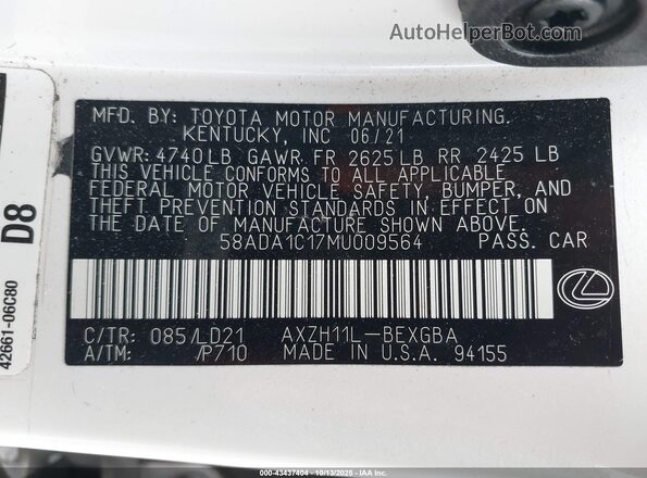 58ADA1C17MU009564 2021 LEXUS ES 300H White Շարժիչի բաժամունքի տեսք