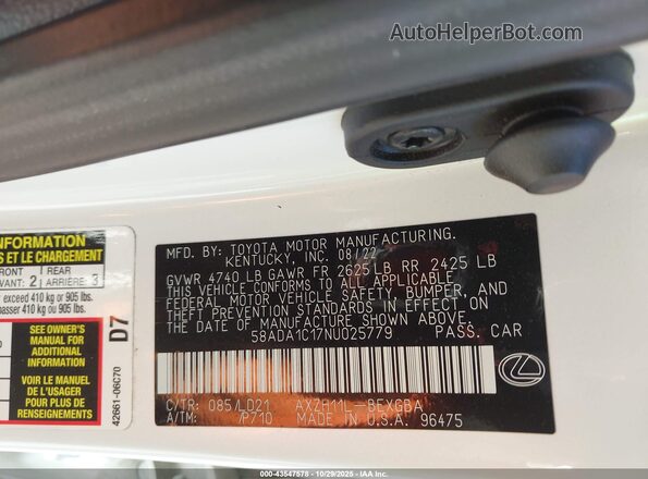 58ADA1C17NU025779 2022 LEXUS ES 300H White Widok komory silnika