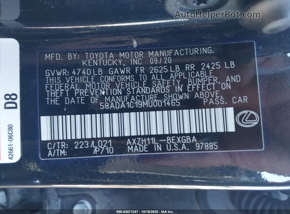 58ADA1C19MU001465 2021 LEXUS ES 300H Black Շարժիչի բաժամունքի տեսք