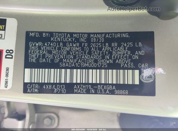 58ADA1C19MU001725 2021 LEXUS ES 300H Silver ძრავის განყოფილების ხედი