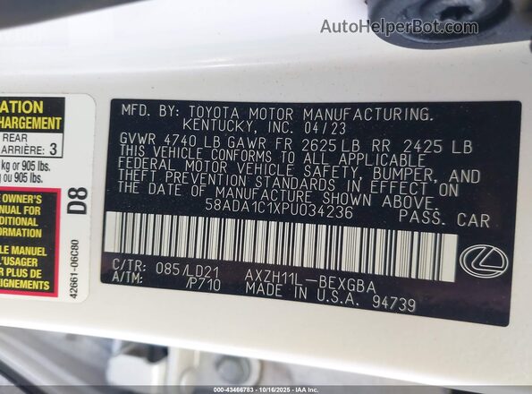 58ADA1C1XPU034236 2023 LEXUS ES 300H White Շարժիչի բաժամունքի տեսք