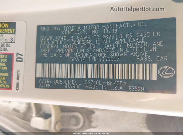 58ADZ1B11LU056937 2020 LEXUS ES 350 White Vista del compartimento del motor