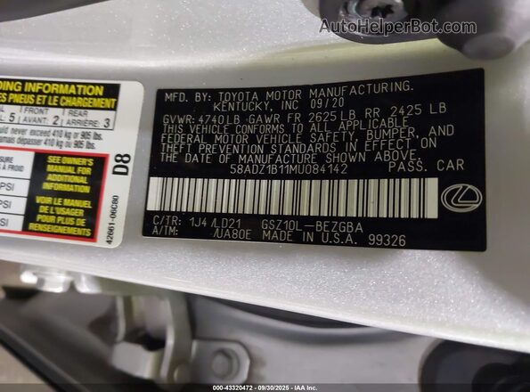 58ADZ1B11MU084142 2021 LEXUS ES 350 Gray Widok komory silnika