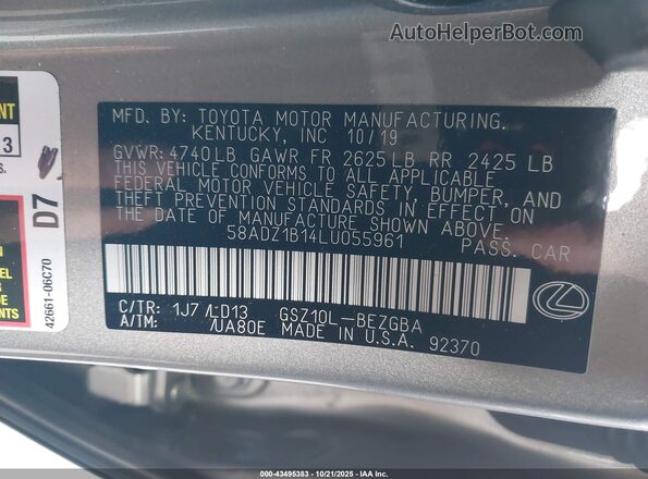58ADZ1B14LU055961 2020 LEXUS ES 350 Серебряный Вид подкапотного пространства