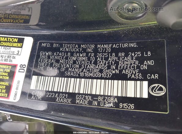 58ADZ1B16MU091037 2021 LEXUS ES 350 Черный Вид подкапотного пространства