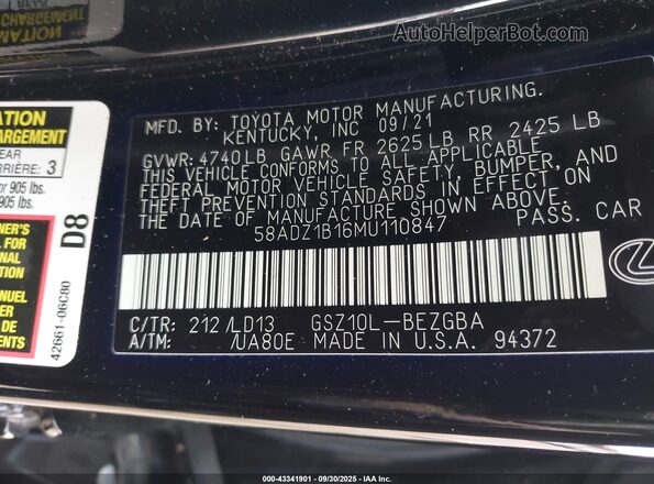 58ADZ1B16MU110847 2021 LEXUS ES 350 Black Вид підкапотного простору
