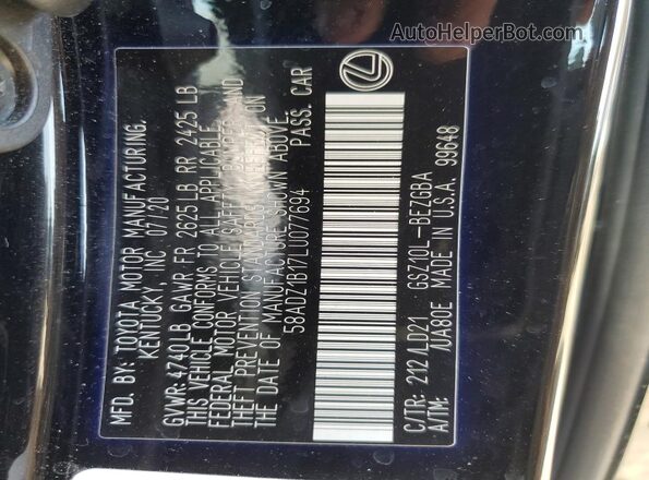 58ADZ1B17LU077694 2020 LEXUS ES Black ძრავის განყოფილების ხედი
