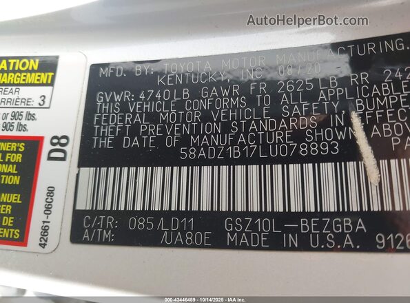 58ADZ1B17LU078893 2020 LEXUS ES 350 White Vista del compartimento del motor