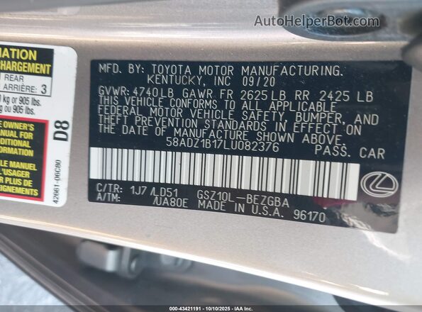 58ADZ1B17LU082376 2020 LEXUS ES 350 Silver ძრავის განყოფილების ხედი