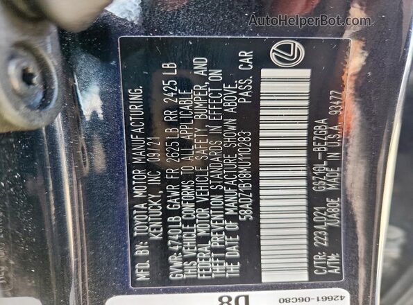 58ADZ1B18MU110283 2021 LEXUS ES Black VIN კოდის სტიკერის ხედი