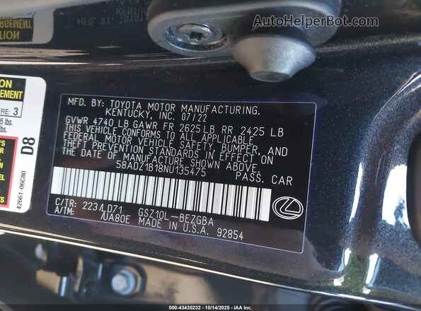 58ADZ1B18NU135475 2022 LEXUS ES 350 Black Вид підкапотного простору