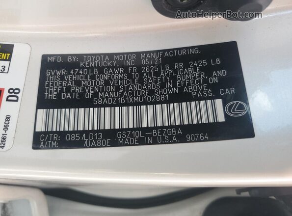 58ADZ1B1XMU102881 2021 LEXUS ES White Շարժիչի բաժամունքի տեսք