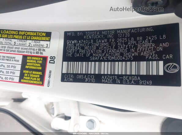 58AFA1C10MU004375 2021 LEXUS ES 300H White Вид підкапотного простору
