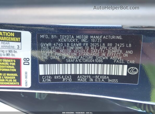 58AFA1C13RU041086 2024 LEXUS ES 300H Dark Blue 