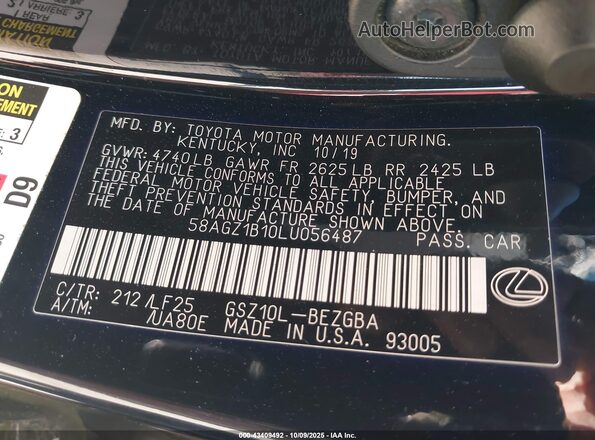 58AGZ1B10LU056487 2020 LEXUS ES 350 Черный Вид подкапотного пространства