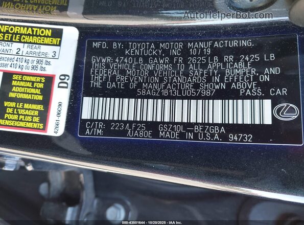 58AGZ1B13LU057987 2020 LEXUS ES 350 Black Vista del compartimento del motor