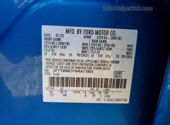 3FTTW8E37NRA73905 2022 FORD MAVERICK Синий Панорамный вид салона 360°