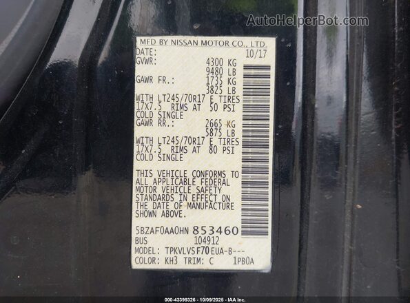 5BZAF0AA0HN853460 2017 NISSAN NV PASSENGER NV3500 HD Black Вид підкапотного простору