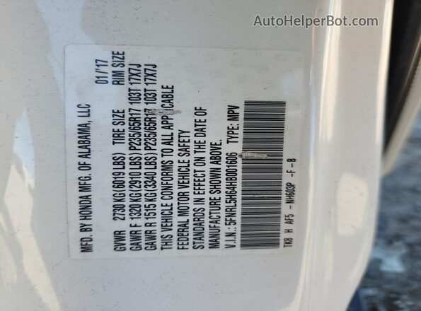 5FNRL5H64HB001606 2017 HONDA ODYSSEY White 