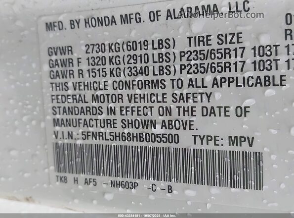 5FNRL5H68HB005500 2017 HONDA ODYSSEY White 
