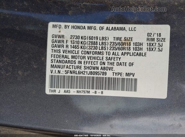 5FNRL6H21JB095789 2018 HONDA ODYSSEY Gray 