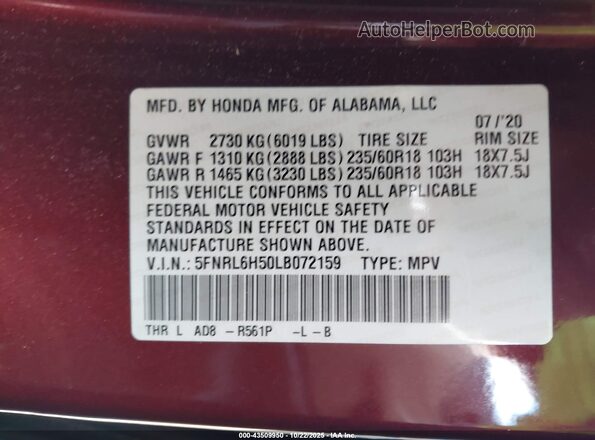5FNRL6H50LB072159 2020 HONDA ODYSSEY Burgundy Շարժիչի բաժամունքի տեսք