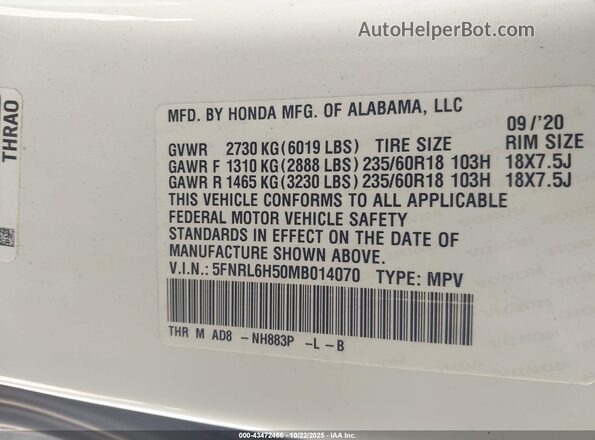 5FNRL6H50MB014070 2021 HONDA ODYSSEY White Շարժիչի բաժամունքի տեսք