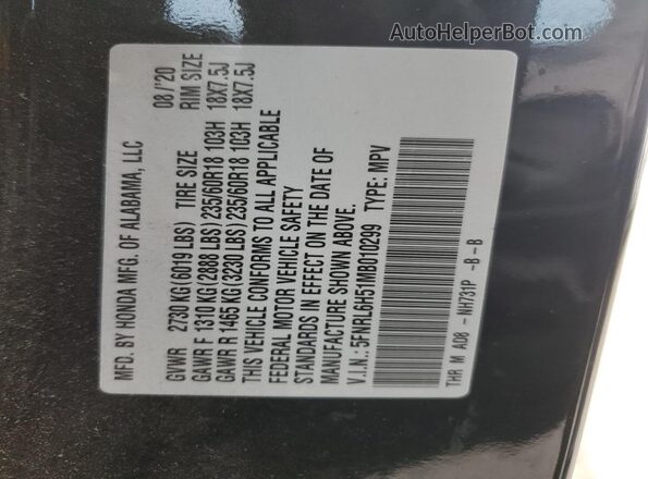5FNRL6H51MB010299 2021 HONDA ODYSSEY Black Vista de la etiqueta del VIN