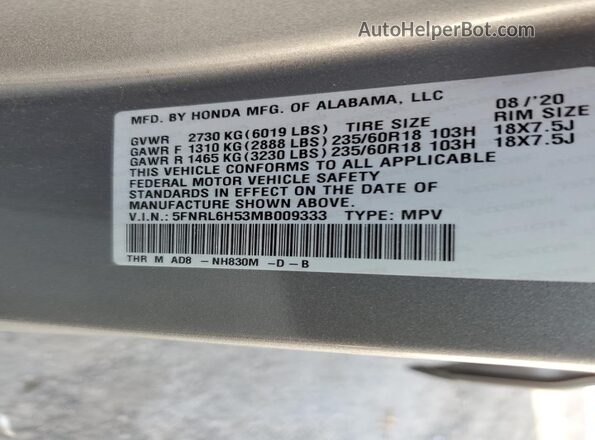 5FNRL6H53MB009333 2021 HONDA ODYSSEY Silver Սալոնի 360 աստիճան տեսք